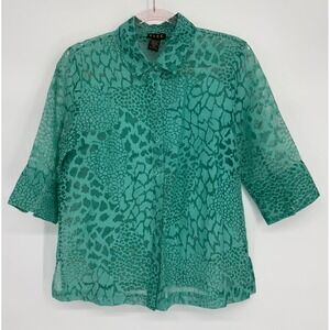 ELCC Womens Sheer Mesh Button Down Shirt Teal Green Animal Print Size PS Petite‎